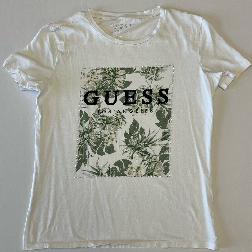 Guess White Tee with Green Floral Design